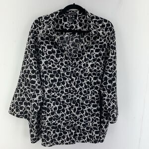 Scott Taylor Womens 3X Button Front‎ Top 3/4 Sleeve Black White Geometric Office